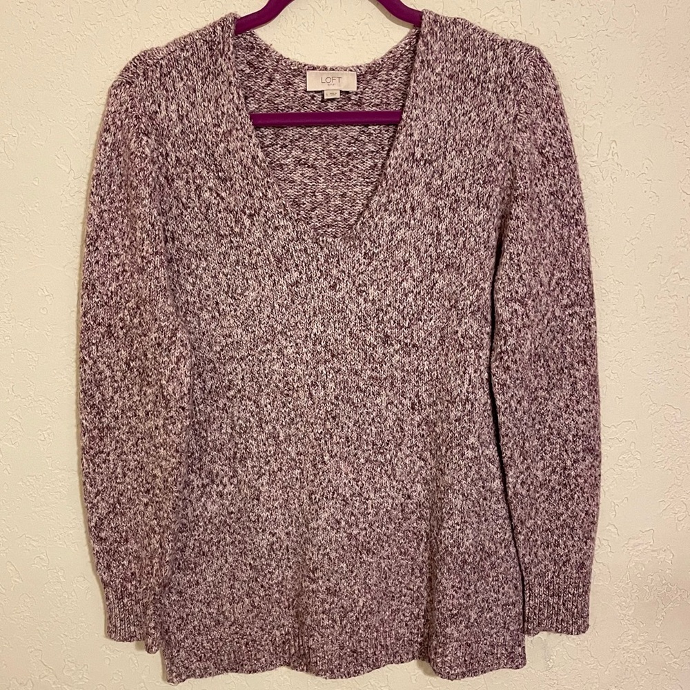 LOFT Sweater Women's V Neck Speckled Knit Long Sleeve Purple Blend Size M